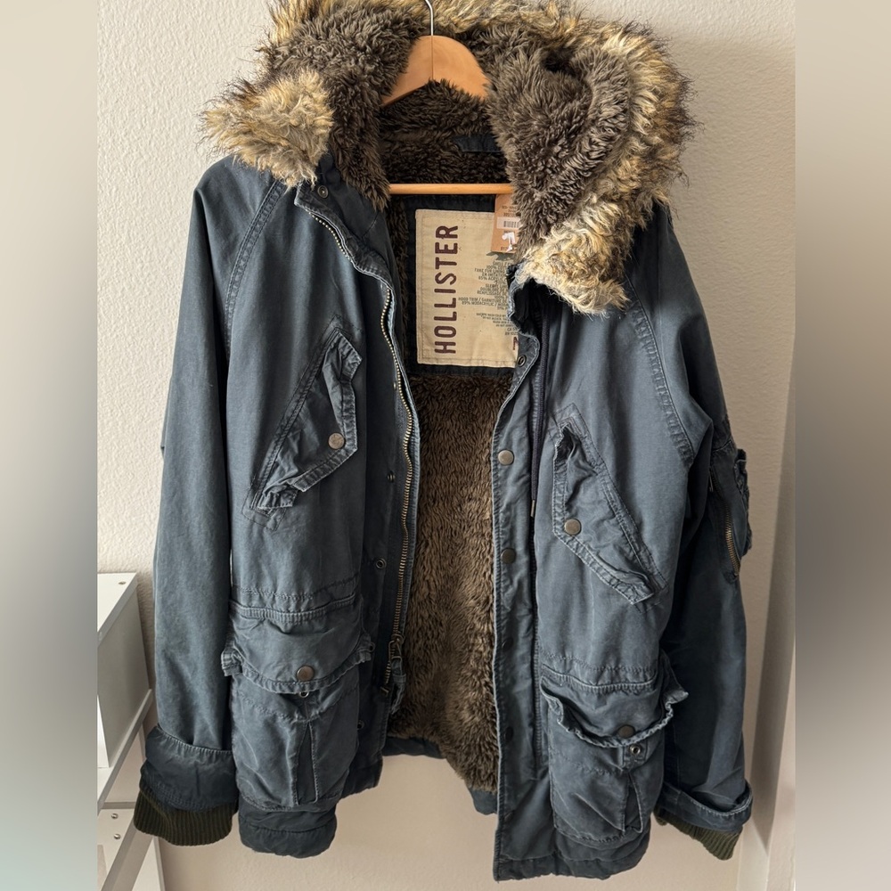 Hollister Men's Charcoal Fur-Lined Military Jacket
